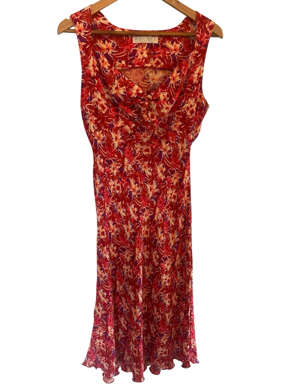 Vintage 90s Silk “Nougat London” Floral Cowl Neck Midi Dress Red & Cream Scallop